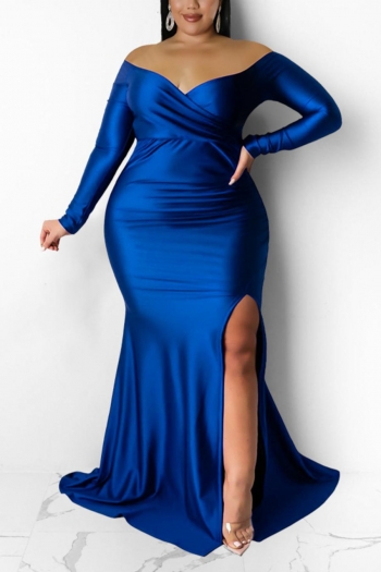 plus size slight stretch 5 colors slit off-shoulder zip-up sexy maxi dress