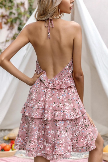 xs-l non-stretch floral printing halter-neck tied sexy mini dress