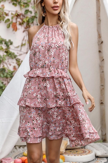 XS-L non-stretch floral printing halter-neck tied sexy mini dress