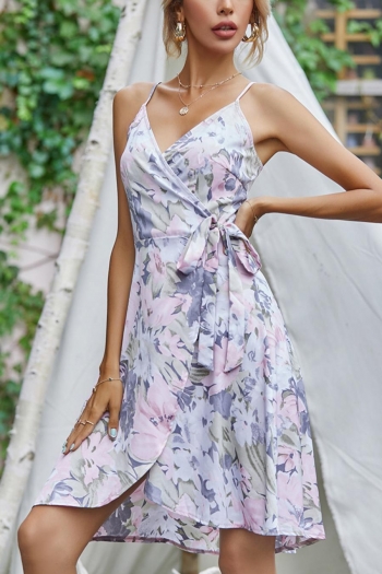 xs-l non-stretch floral batch printing backless sling tied casual mini dress