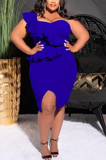 Plus size slight stretch 5 colors one shoulder ruffle slit sexy midi dress