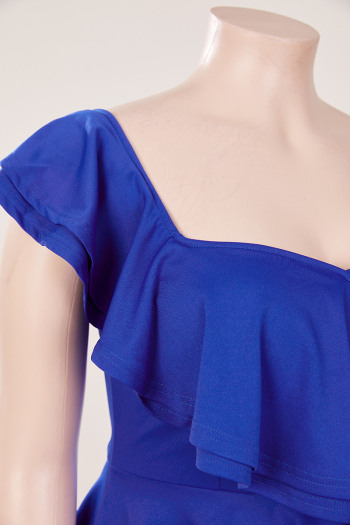 Plus size slight stretch 5 colors one shoulder ruffle slit sexy midi dress