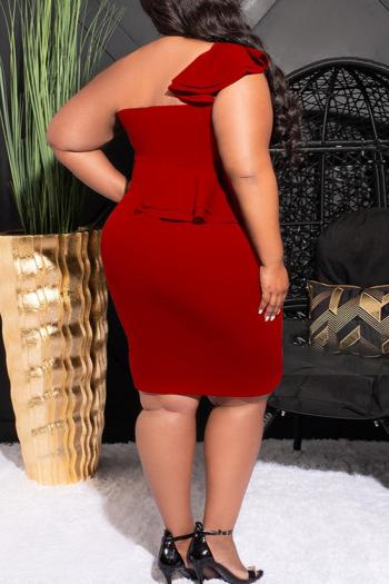 Plus size slight stretch 5 colors one shoulder ruffle slit sexy midi dress