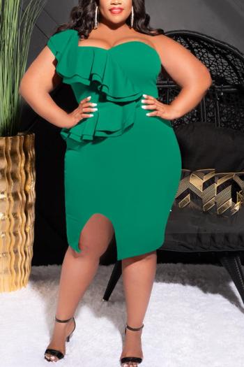 Plus size slight stretch 5 colors one shoulder ruffle slit sexy midi dress