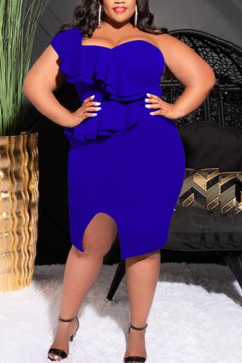 Plus size slight stretch 5 colors one shoulder ruffle slit sexy midi dress