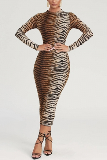 tiger printing slight stretch long sleeve sexy bodycon midi dress