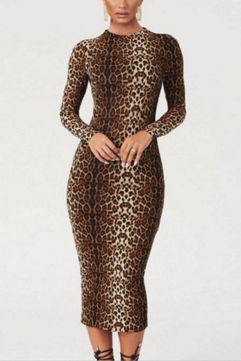 leopard printing slight stretch long sleeve sexy bodycon midi dress