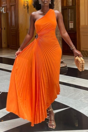 plus size slight stretch orange one-shoulder hollow pleated stylish maxi dress