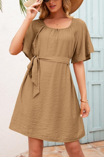 inelastic crew neck solid color with belt casual mini dress