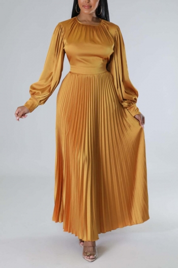 plus size non-stretch solid color zip-up pleated satin casual maxi dress