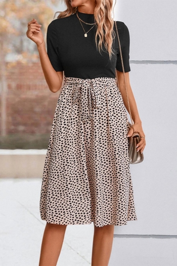 slight stretch leopard print patchwork belt short sleeve casual midi dress
