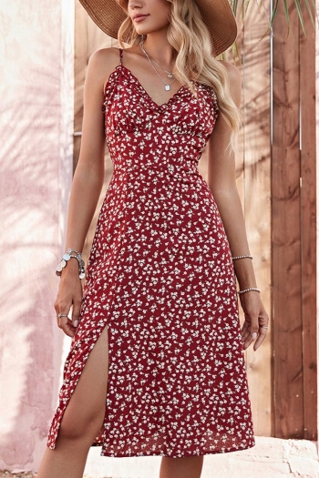 xs-l floral batch printing slit sling non-stretch zip-up casual midi dress