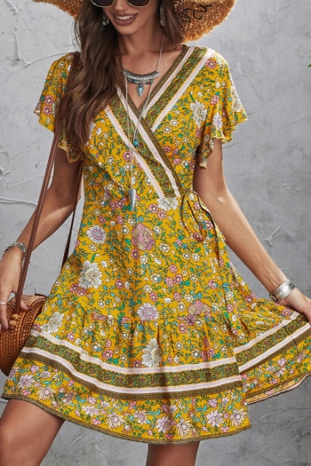 xs-l non-stretch v-neck floral batch printing casual mini dress