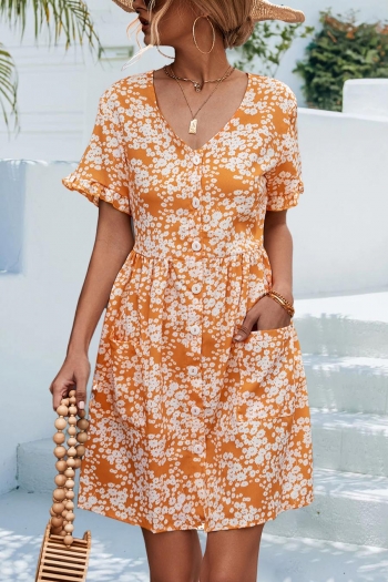 non-stretch orange floral batch printing button pocket v neck casual mini dress