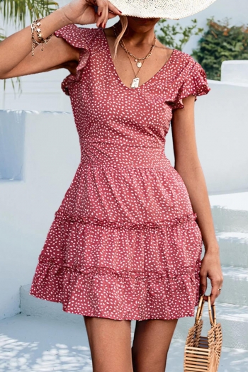 non-stretch polka dot batch printing ruffled v-neck stylish casual mini dress