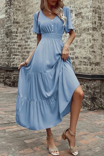 slight stretch simple solid color waist button pleated v-neck stylish midi dress