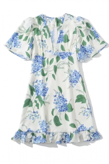 floral batch printing non-stretch chiffon ruffle zip-up casual mini dress