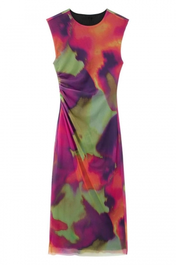 xs-l stretch tie-dye printing crew neck mesh stylish midi dress(with lined)