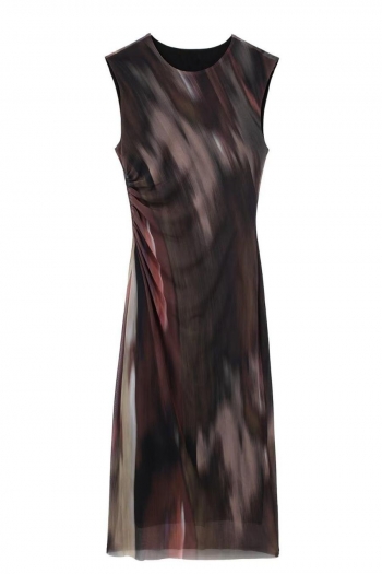 xs-l stretch crew neck mesh tie-dye printing stylish midi dress(with lined)