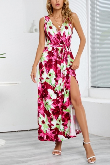 plus size 3 colors floral print high slit stylish bohemian maxi dress with belt