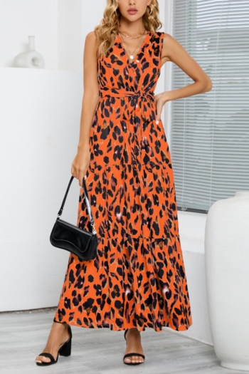 plus size slight stretch leopard batch printing belt orange casual maxi dress