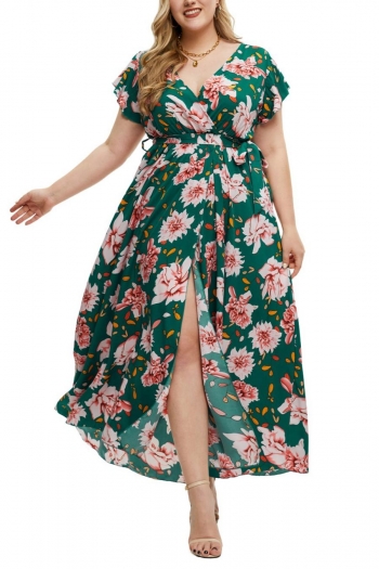 plus size non stretch floral printing v-neck high slit sexy maxi dress
