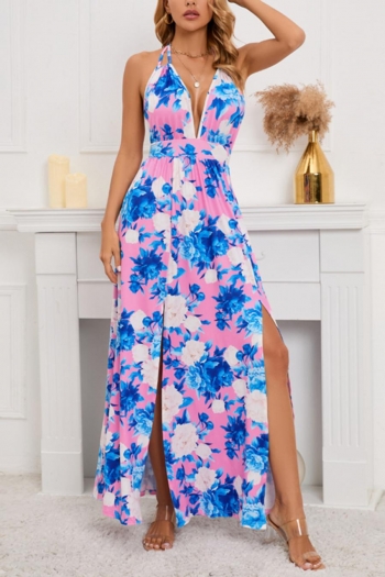 plus size slight stretch floral printing halter slit backless sexy maxi dress