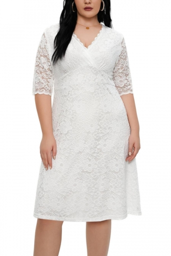 plus size non stretch lace v-neck nipped waist classic midi dress (with lined)