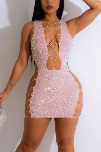 plus size slight stretch lace-up hollow slim zip-up sequins sexy mini dress