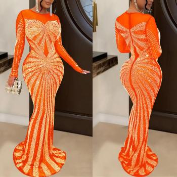 Sexy plus size slight stretch mesh rhinestone zip-up maxi dress(with underwear)