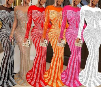 Sexy plus size slight stretch mesh rhinestone zip-up maxi dress(with underwear)