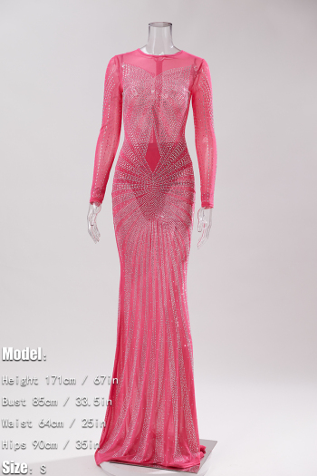 Sexy plus size slight stretch mesh rhinestone zip-up maxi dress(with underwear)