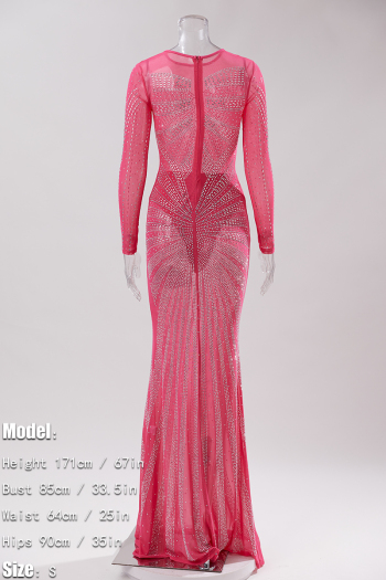 Sexy plus size slight stretch mesh rhinestone zip-up maxi dress(with underwear)