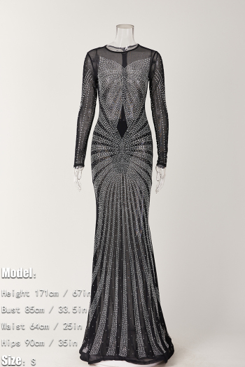 Sexy plus size slight stretch mesh rhinestone zip-up maxi dress(with underwear)