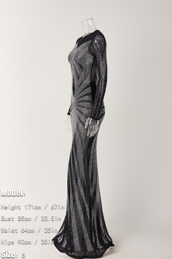 Sexy plus size slight stretch mesh rhinestone zip-up maxi dress(with underwear)