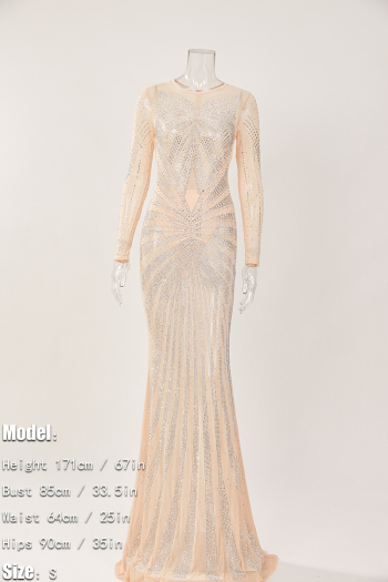 Sexy plus size slight stretch mesh rhinestone zip-up maxi dress(with underwear)