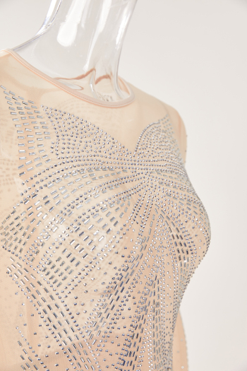 Sexy plus size slight stretch mesh rhinestone zip-up maxi dress(with underwear)