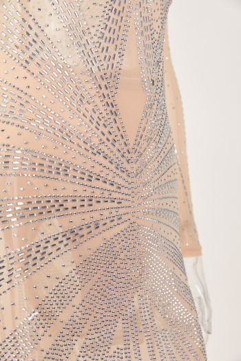 Sexy plus size slight stretch mesh rhinestone zip-up maxi dress(with underwear)