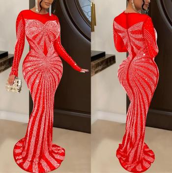 Sexy plus size slight stretch mesh rhinestone zip-up maxi dress(with underwear)