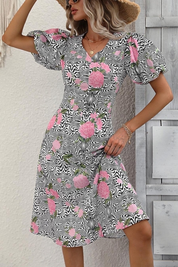 casual floral geometric printing puff sleeve v-neck midi dress