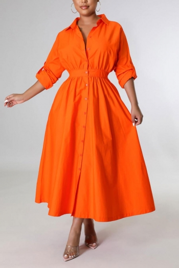 casual plus size non-stretch solid orange single breasted pocket maxi dress