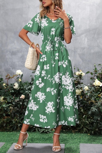 casual non-stretch floral batch printing lace-up v-neck midi dress