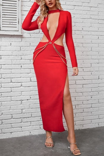 sexy solid color high stretch hollow chain zip-up deep-v maxi dress