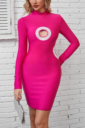 sexy high stretch solid color hollow rhinestone zip-up bodycon mini dress