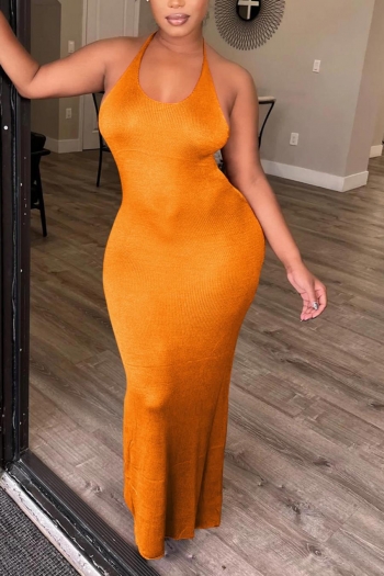 sexy plus size slight stretch 8 colors solid halter neck backless maxi dress