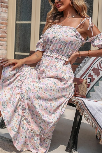 Casual non stretch sling frill trim floral printing midi dress