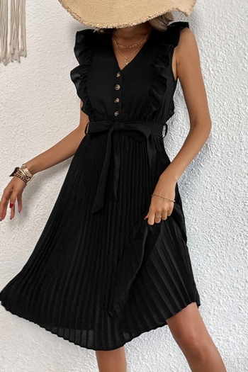 Casual non stretch ruffle v-neck single breasted pleated midi dress (with belt)