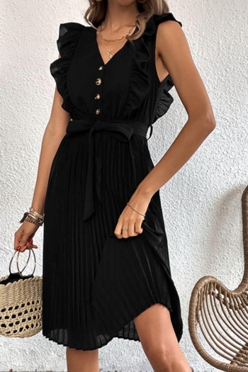 Casual non stretch ruffle v-neck single breasted pleated midi dress (with belt)