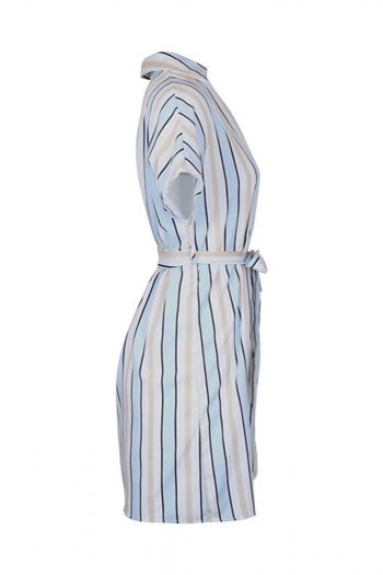 Casual non stretch stripe printing turndown collar mini dress (with belt)