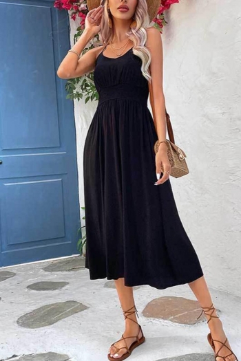 casual slight stretch solid color sling nipped waist simple midi dress